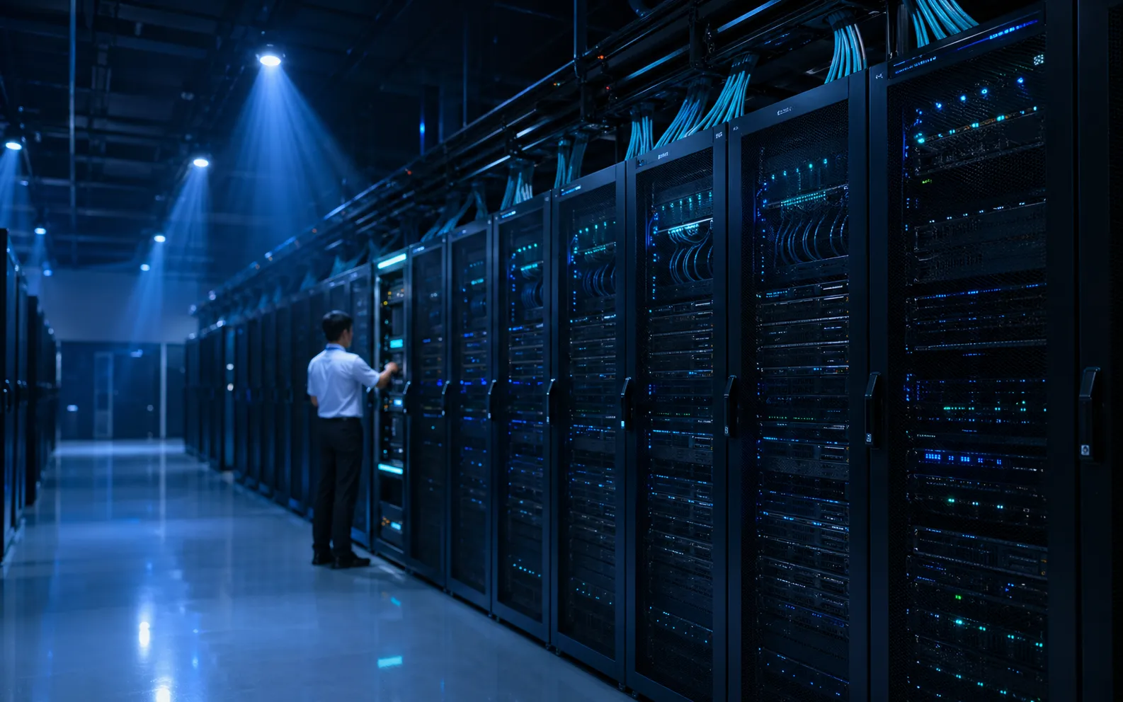 Network engineer inspecting enterprise data center racks, IT Infrastructure